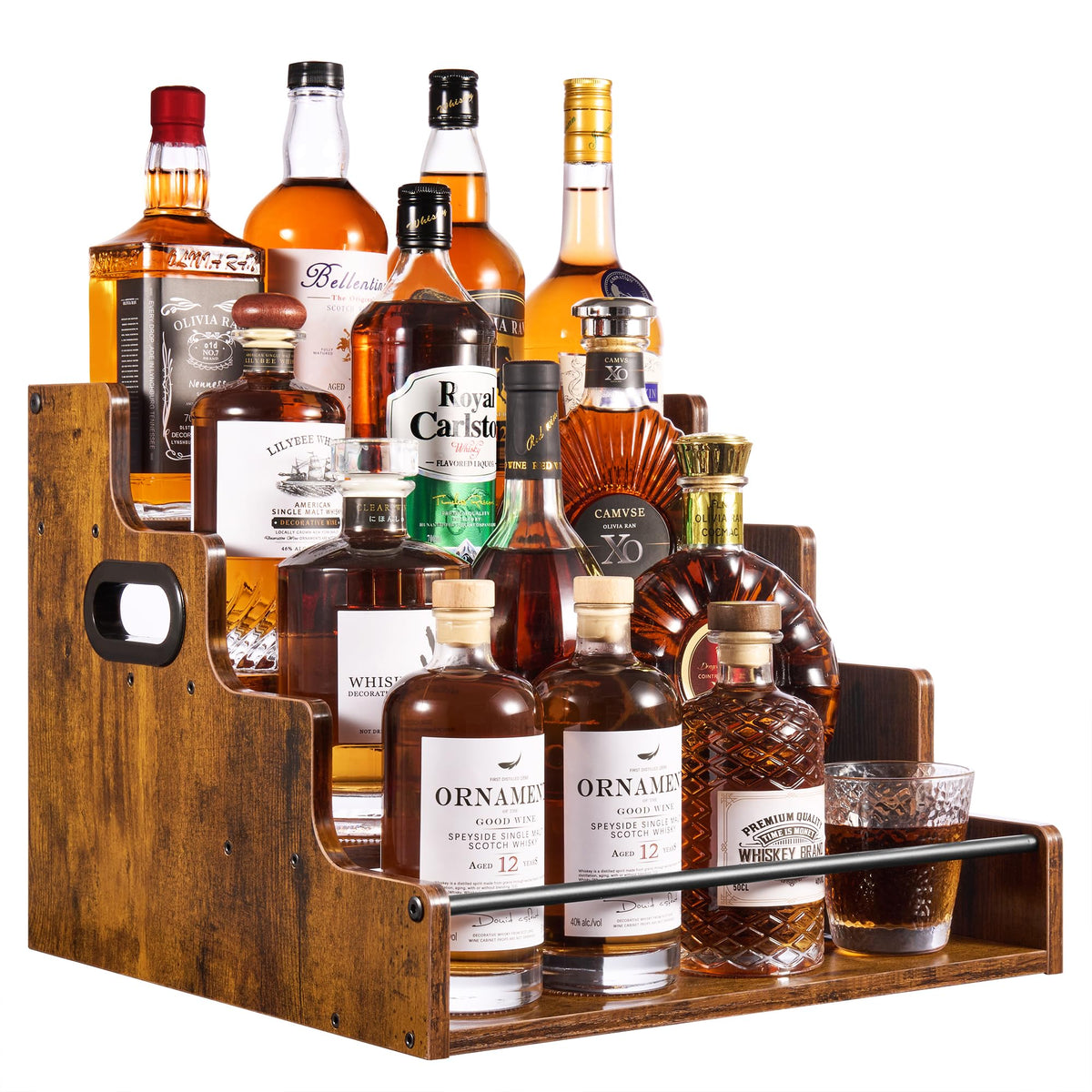 YQBRAO 4-tier rustic wood bottle display for quick bottle selection