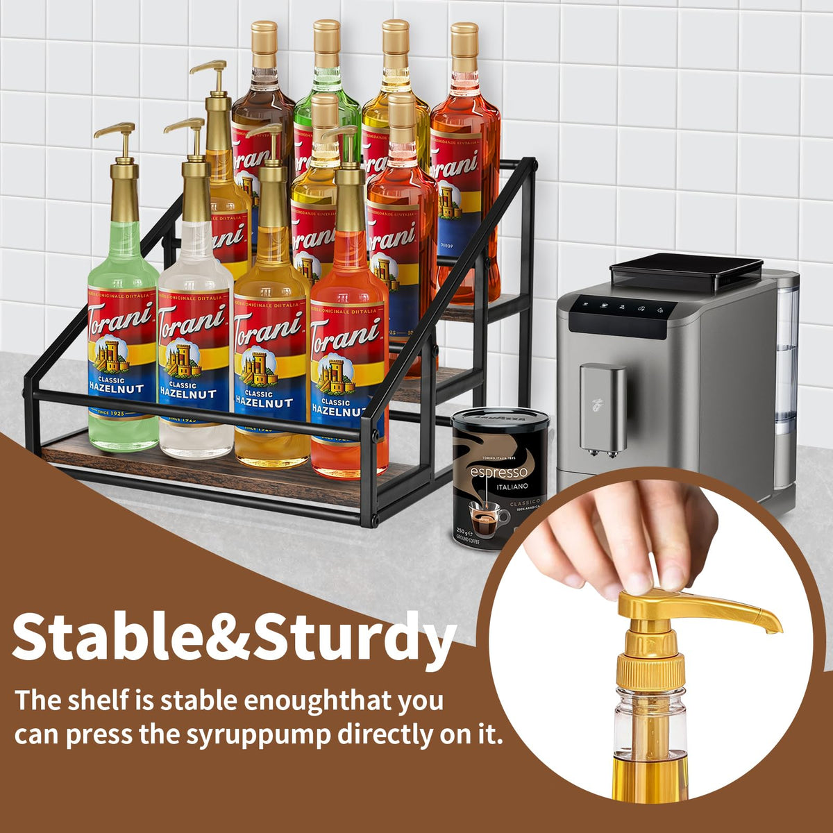 YQBRAO display at coffee bar improves workflow and bottle visibility.