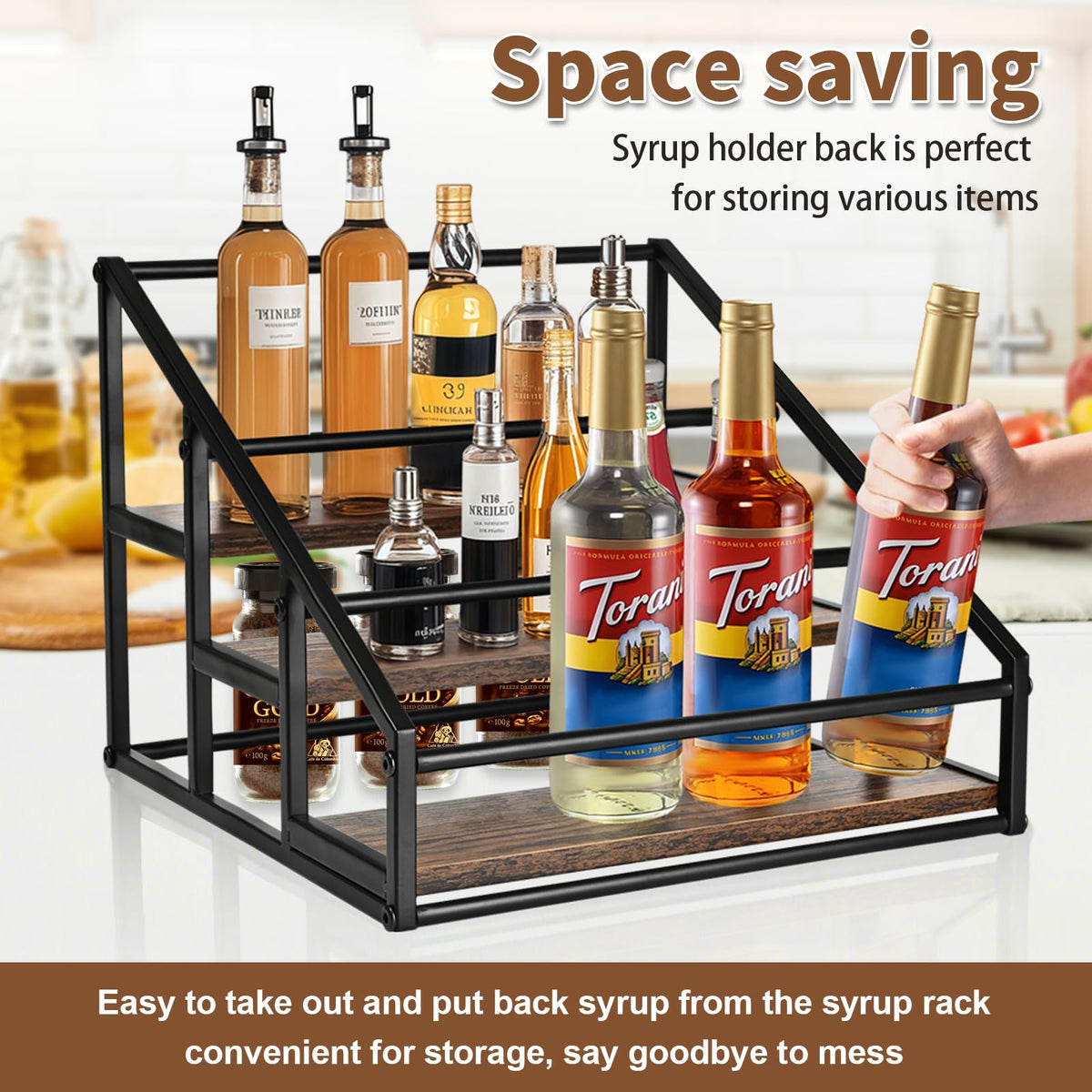 YQBRAO rack doubles as condiment display for kitchen or bar.