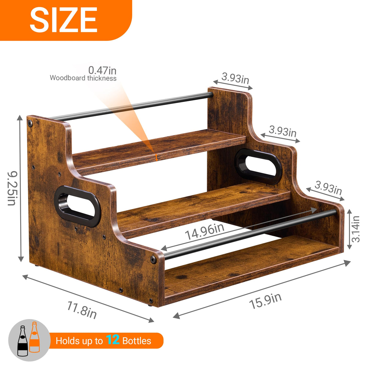 YQBRAO rustic shelf features a sturdy guardrail to keep bottles secure.