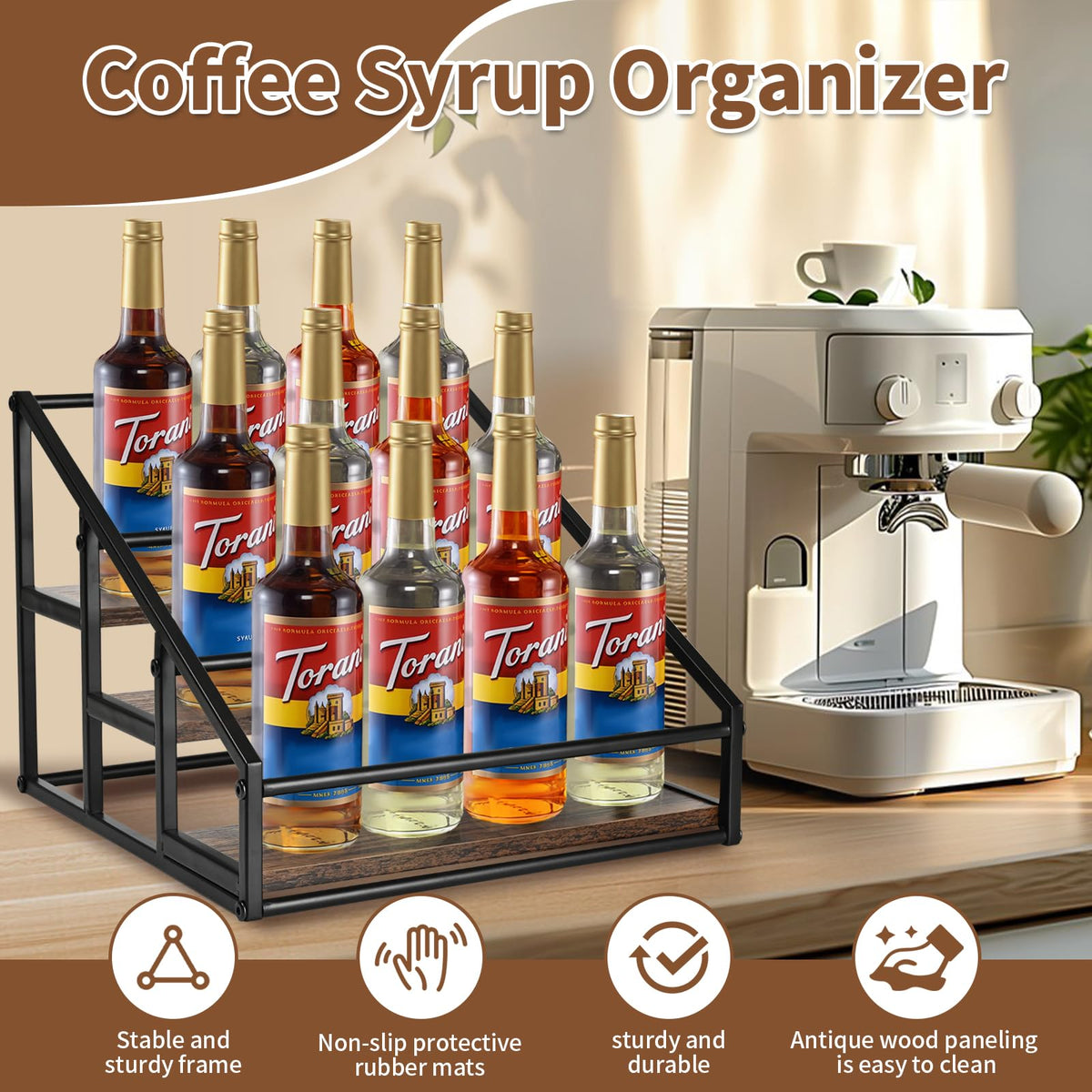 YQBRAO syrup rack with matte black metal frame keeps bottles secure.