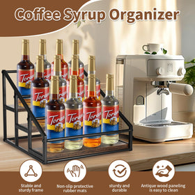 YQBRAO syrup rack with matte black metal frame keeps bottles secure.
