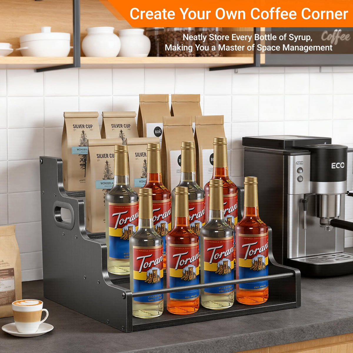 YQBRAO versatile organizer for coffee syrups, spices, and beverage bottles.