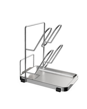 YQh pot lid holder with two-compartment rack keeps lids organized during cooking.