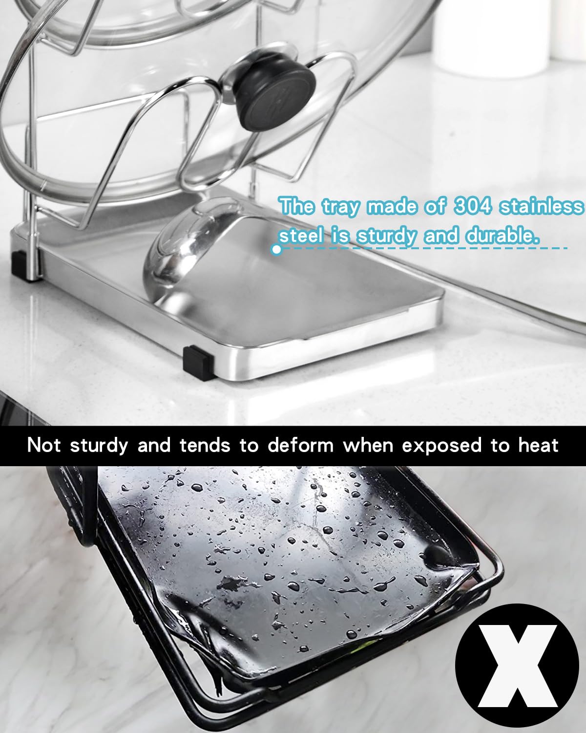 YQh vertical-space-saving kitchen rack holds lids and tools neatly.