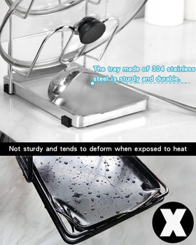 YQh vertical-space-saving kitchen rack holds lids and tools neatly.