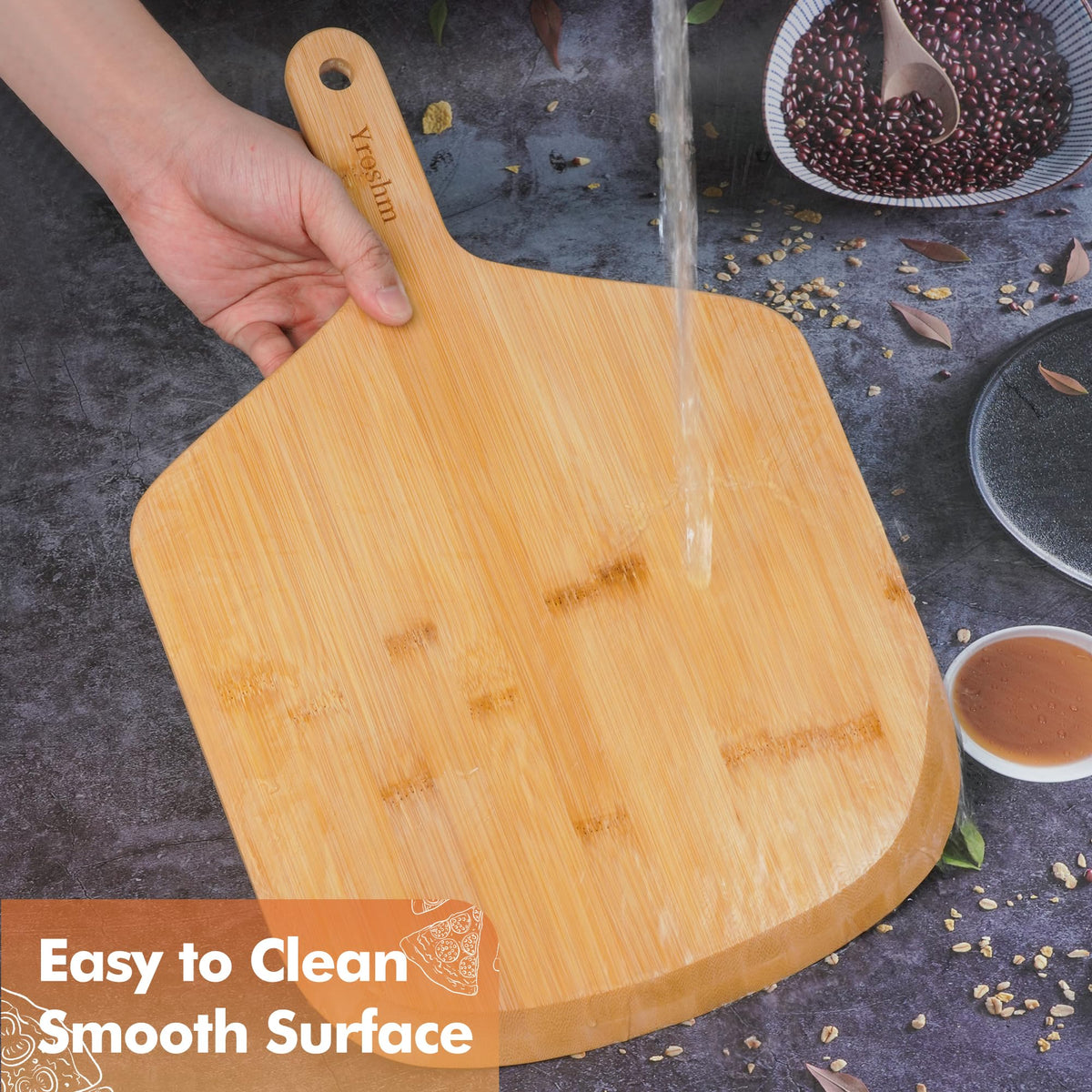 Versatile Yroshm bamboo peel doubles as cutting board.