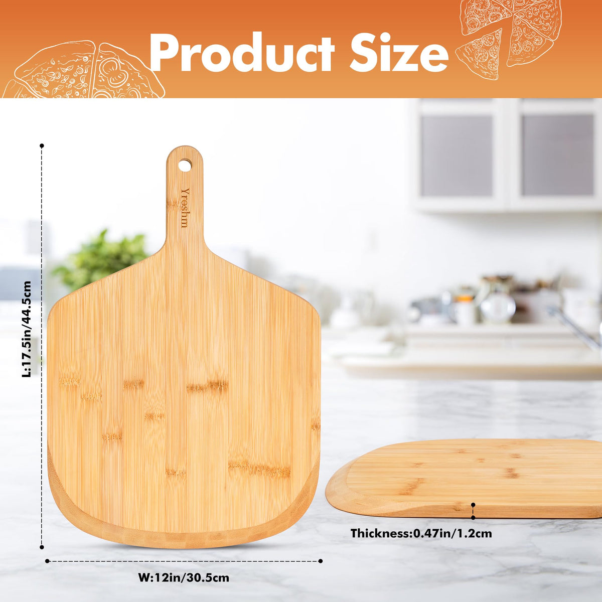 Close-up of Yroshm bamboo pizza peel handle for secure grip.
