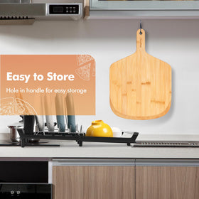 Yroshm pizza peel with hanging hole for easy storage.