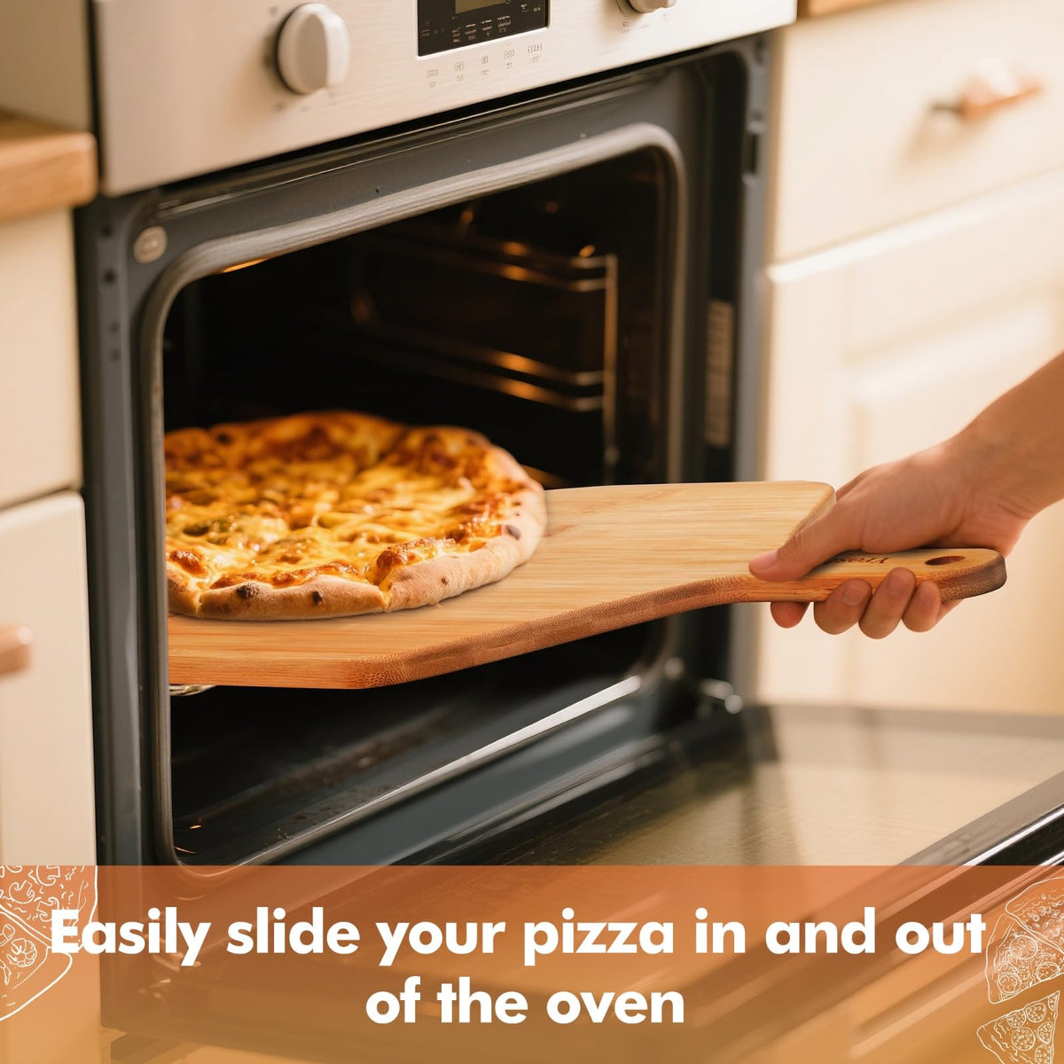Yroshm bamboo board in use transferring hot pizza from oven.