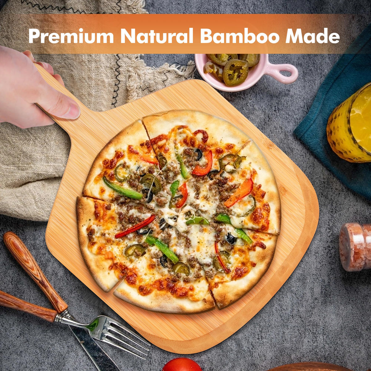 Yroshm smooth-surface bamboo peel supports non-stick pizza transfers.
