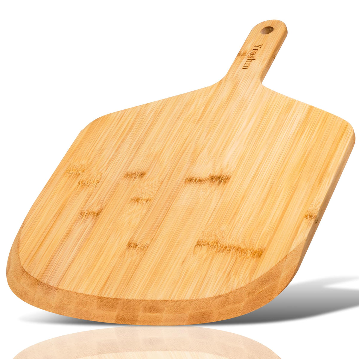 Yroshm bamboo pizza peel with smooth surface for easy transfer of pizzas.