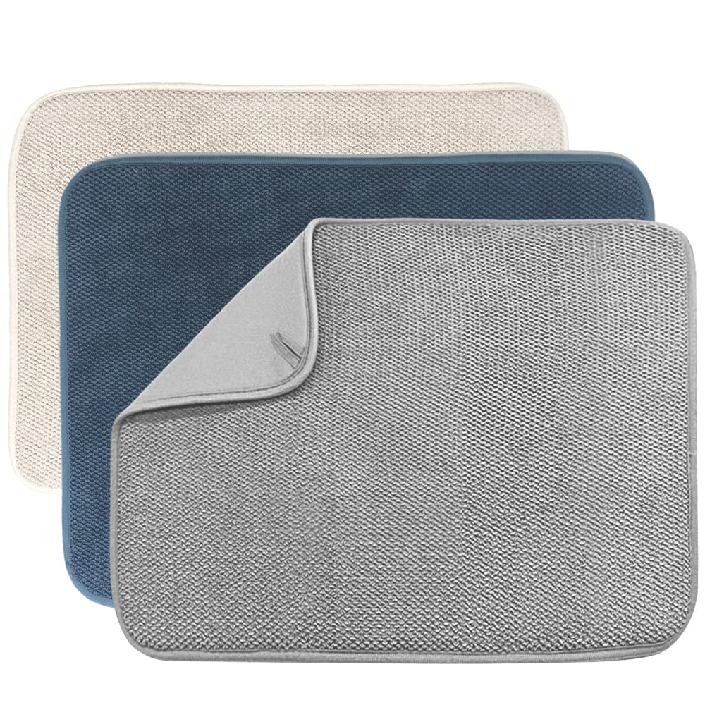 Ysanciuu beige dish drying mat on counter showing moisture absorption and protection