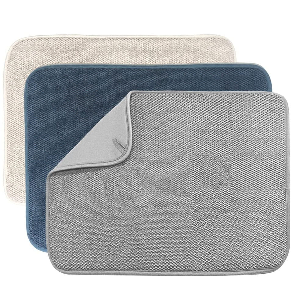 Ysanciuu beige dish drying mat on counter showing moisture absorption and protection
