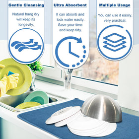 Ysanciuu blue dish drying mat dries quickly to keep counters clean.