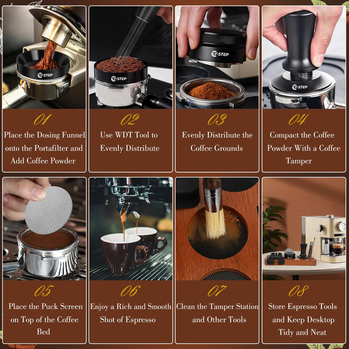 Y-Step distributor evenly levels coffee bed before extraction