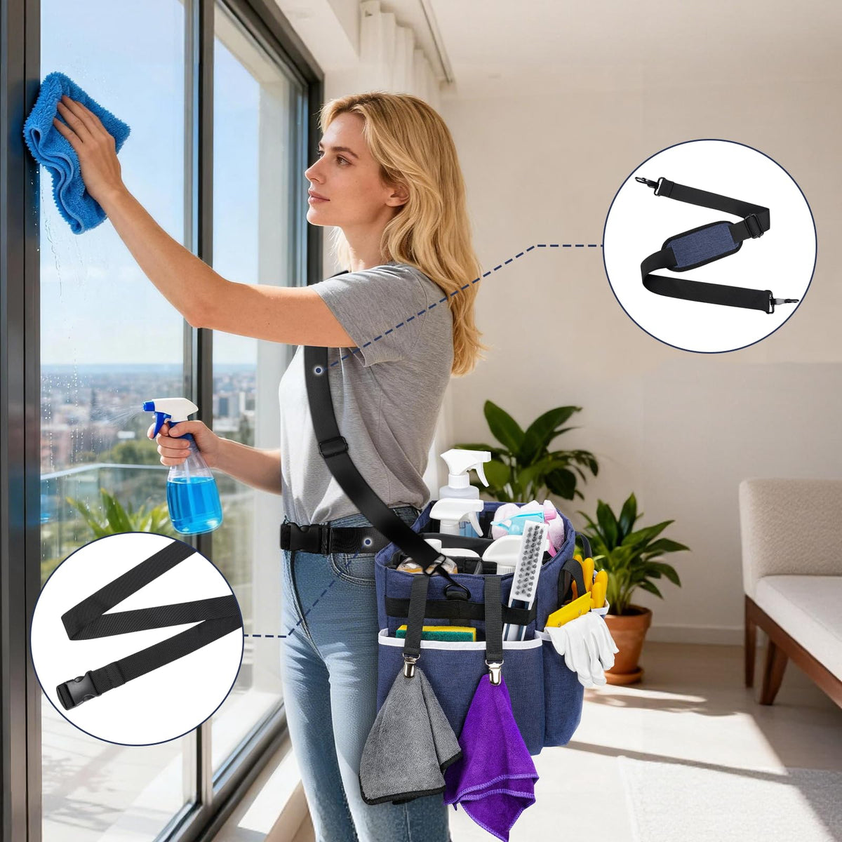 Ytonet cleaning caddy with adjustable straps provides comfortable hands-free carrying.