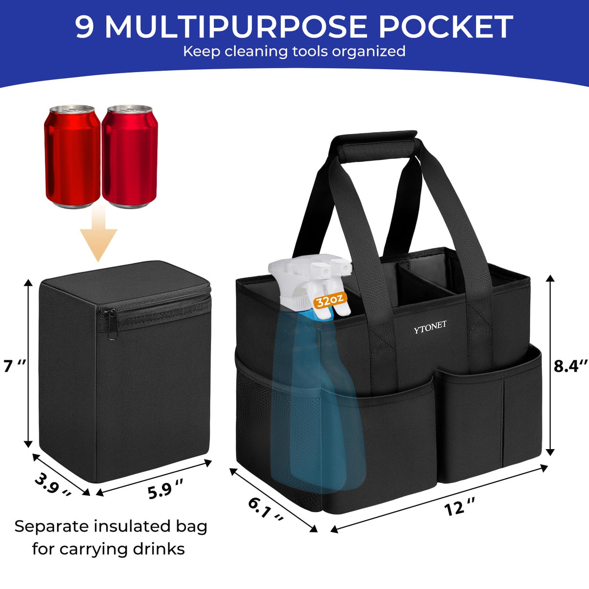 Ytonet Cleaning Caddy with removable cooler bag for organized car supplies