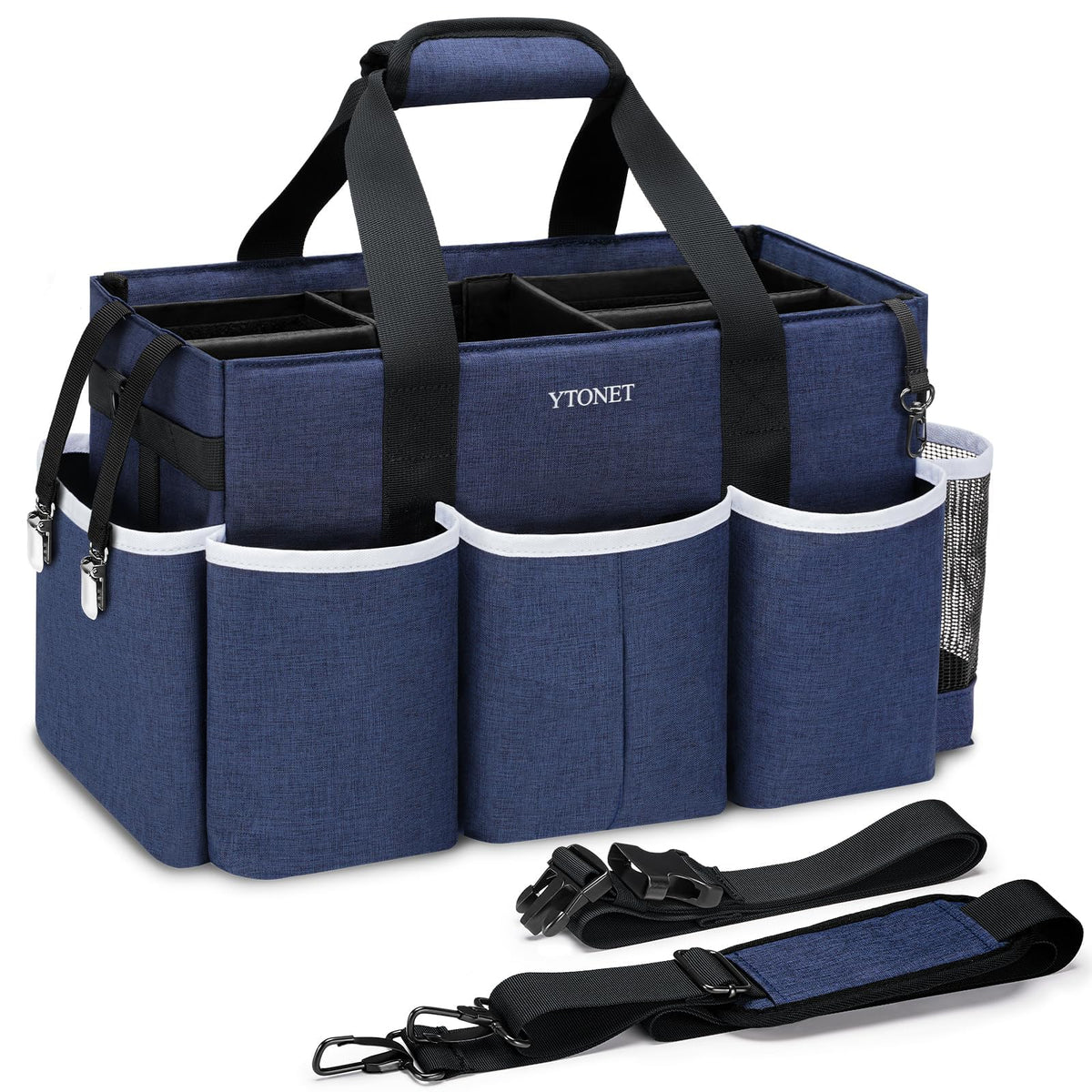 Ytonet wearable cleaning caddy bag with six compartments for organized cleaning on the move.