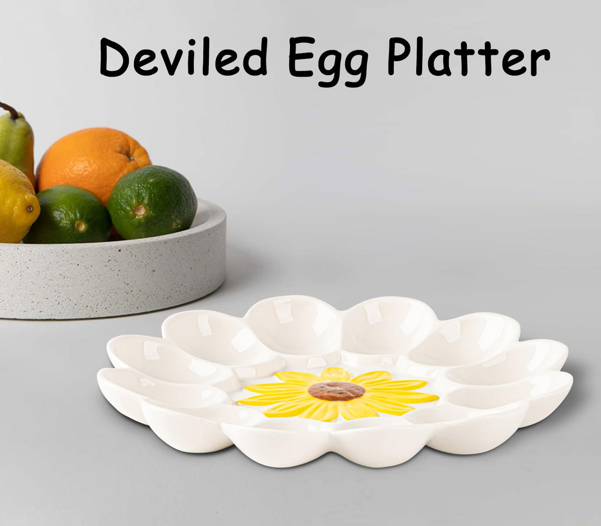 YU&CH white porcelain egg platter showcasing sunflower relief for refined decor