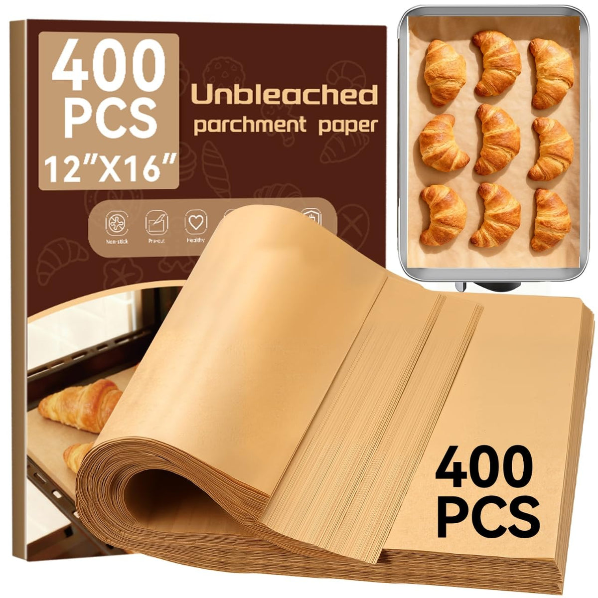 YUANYE 400pcs parchment paper sheets laid flat on a baking tray, non-stick surface shown