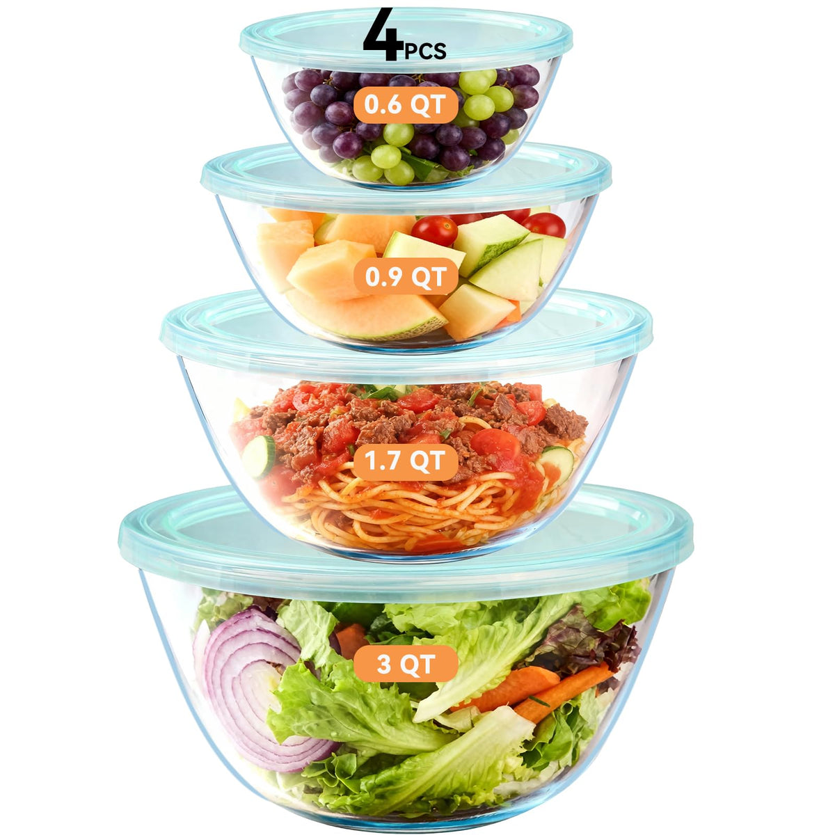 YUANYE four-pack glass mixing bowls with lids for organized meal prep.