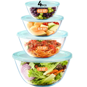 YUANYE four-pack glass mixing bowls with lids for organized meal prep.