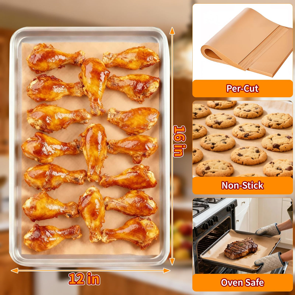 YUANYE pre-cut 12x16 parchment sheets in use on a baking pan