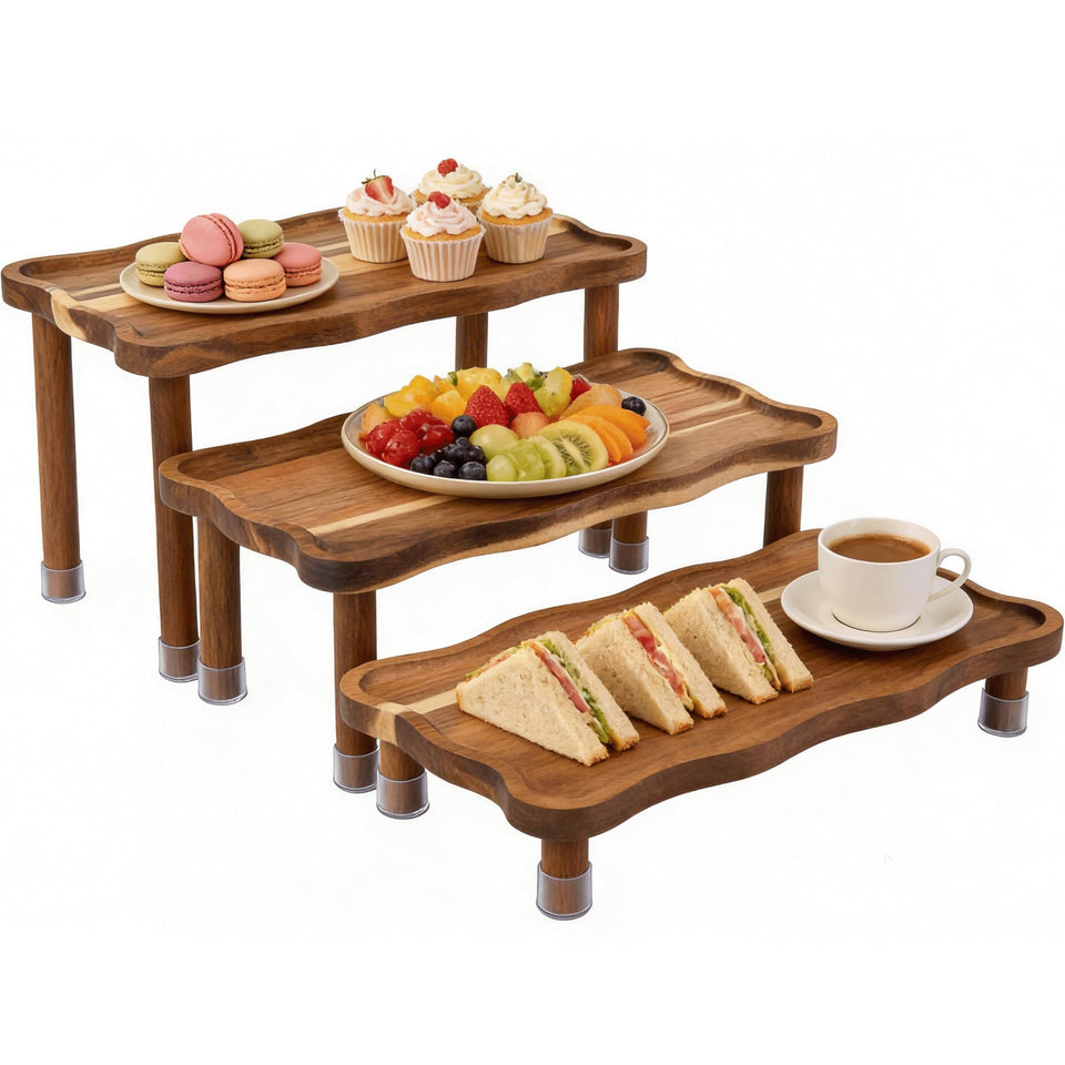 YUBAMIN tiered serving tray in acacia wood for elegant party dessert displays
