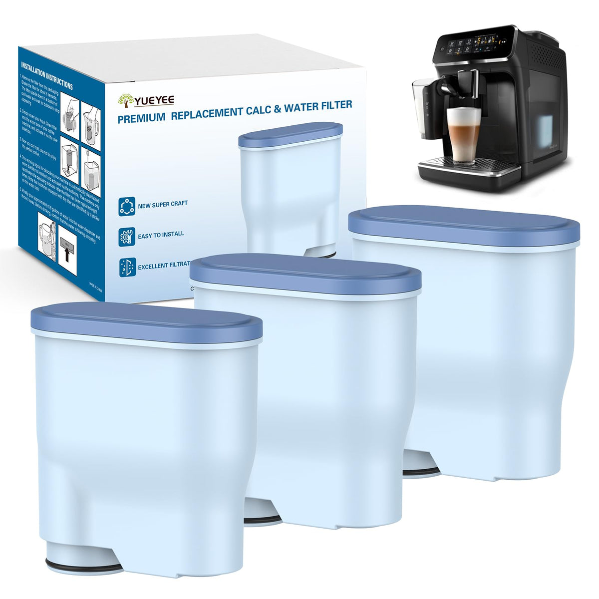 YUEYEE CA6903 pack front view showing three filters for Philips AquaClean compatibility.