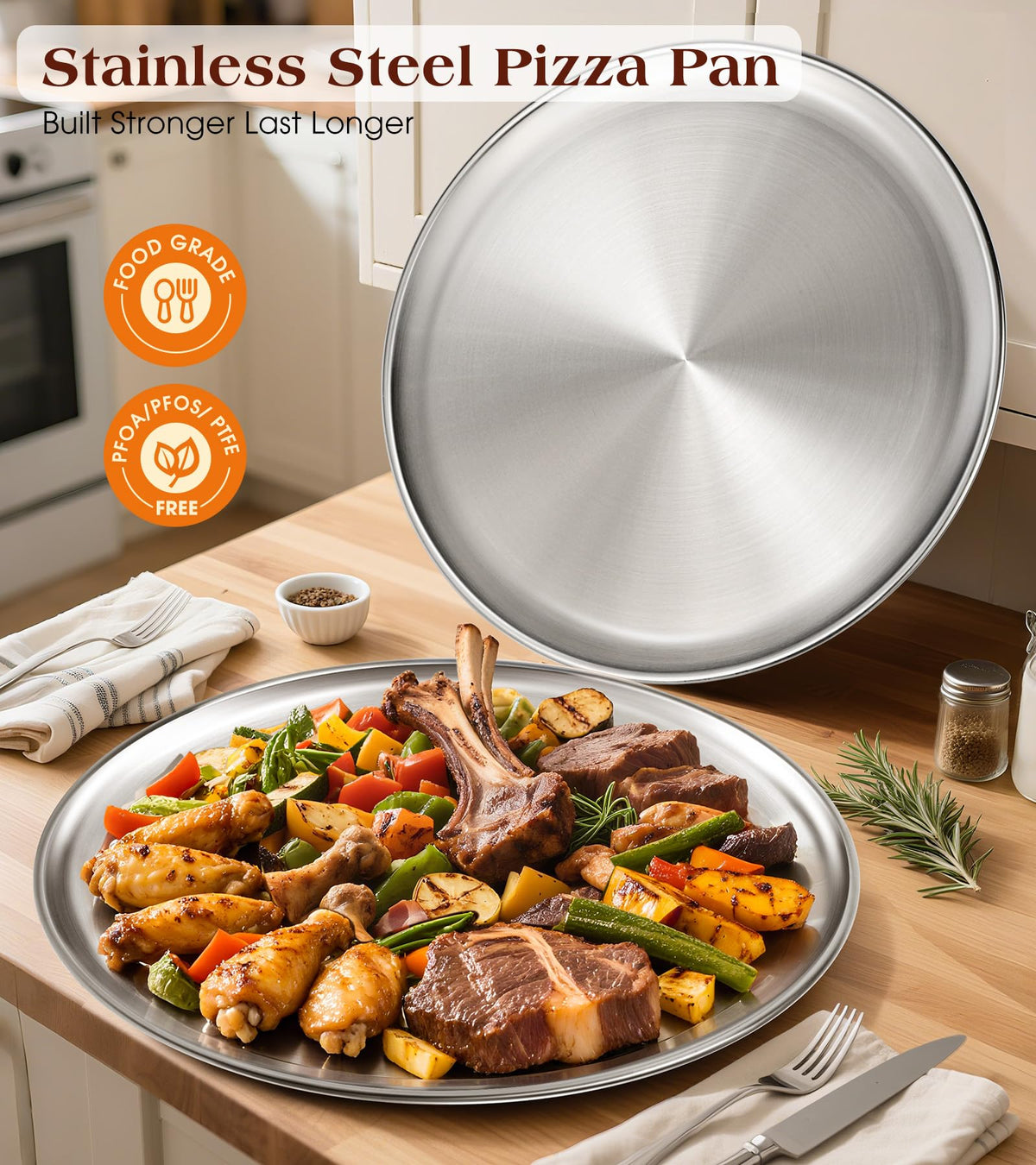 Yuiicaov dishwasher-safe pizza pan in brushed stainless steel for easy cleanup