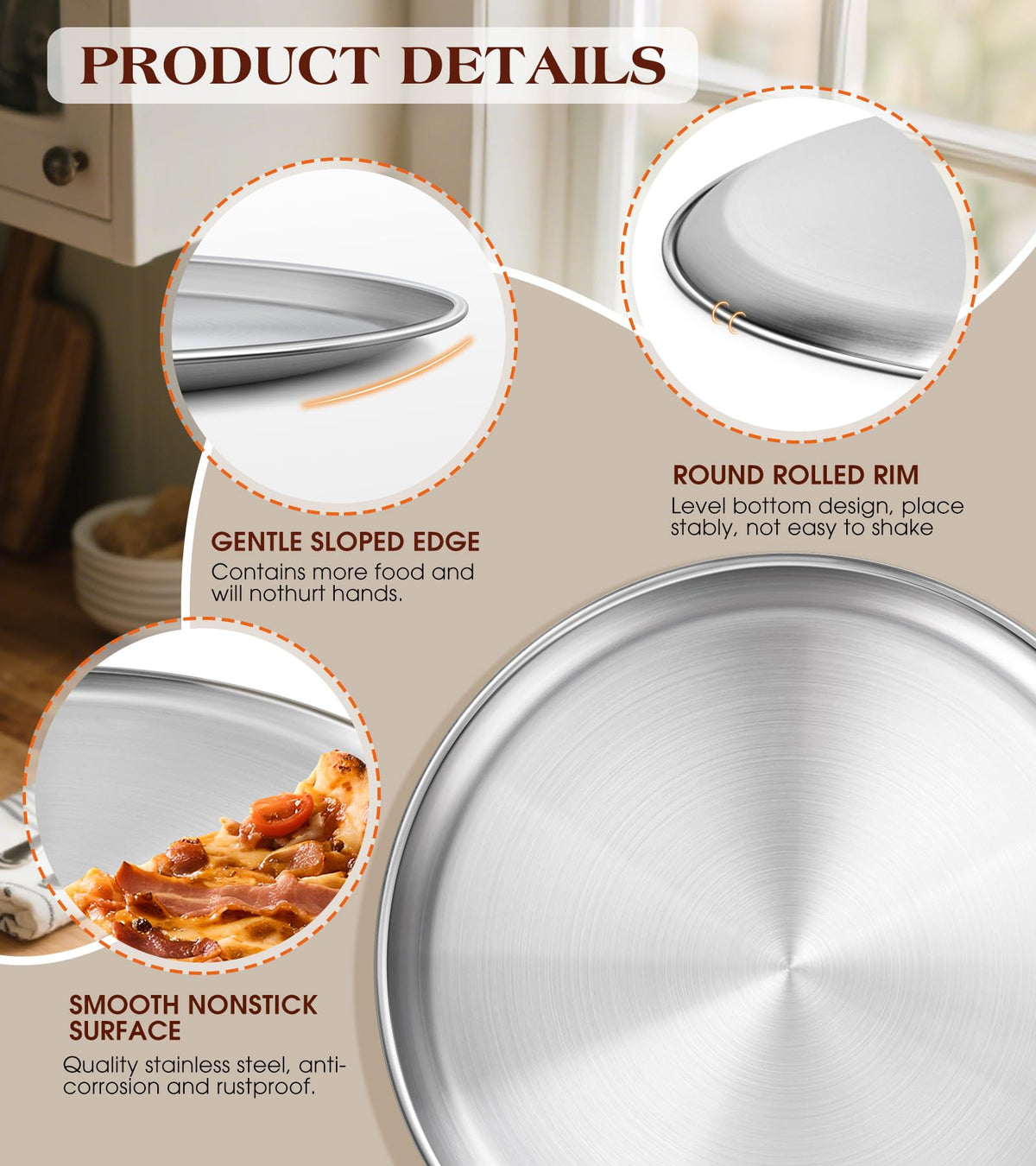 Yuiicaov 18/8 stainless steel pan highlighting rust-resistant, durable design