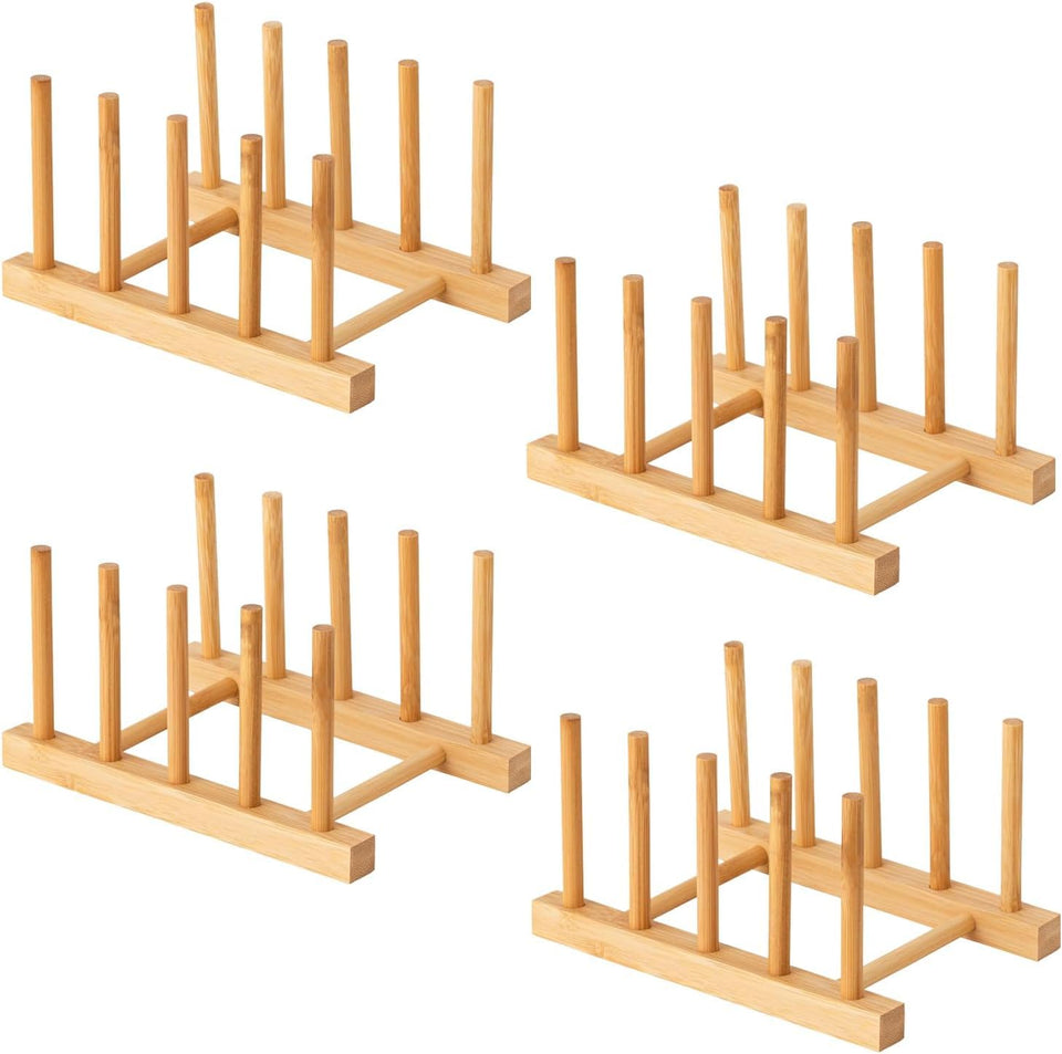 Yuixoseu bamboo dish rack set with four slots keeps plates organized and dry