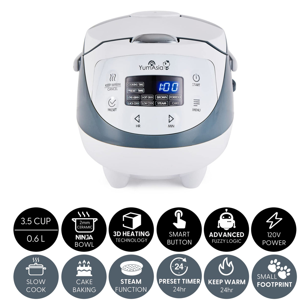 Panda Mini rice cooker LED display with smart controls for precise settings.