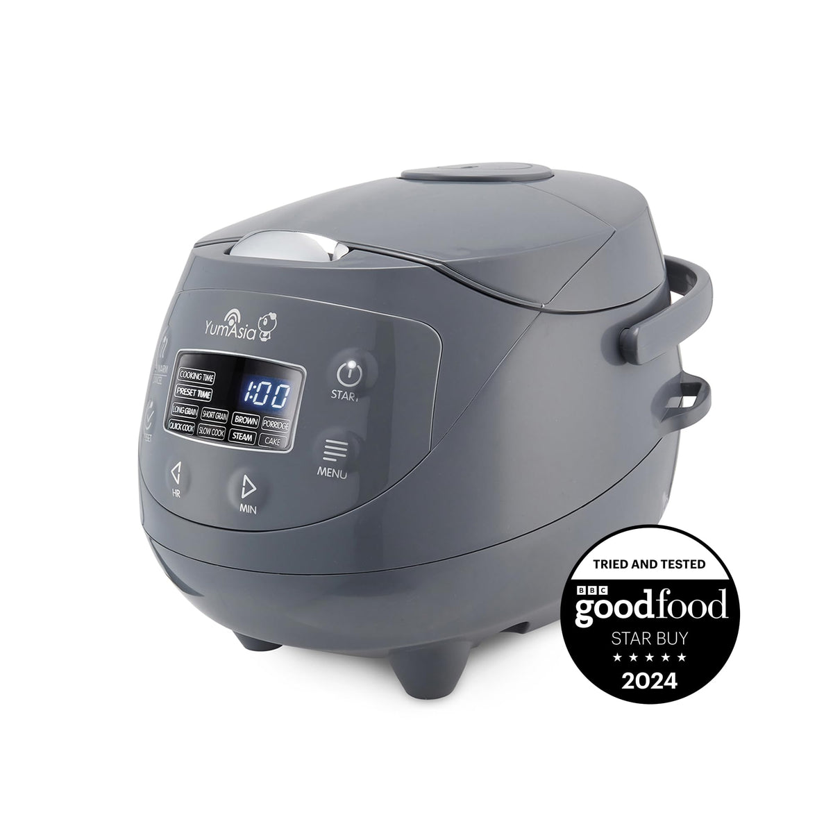 Yum Asia Panda Mini Rice Cooker front view in compact kitchen for easy meals