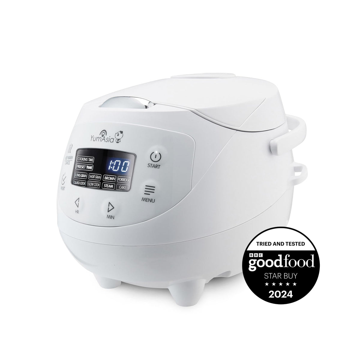 Yum Asia Panda Mini Rice Cooker front view for compact kitchens with simple one-touch rice cooking.