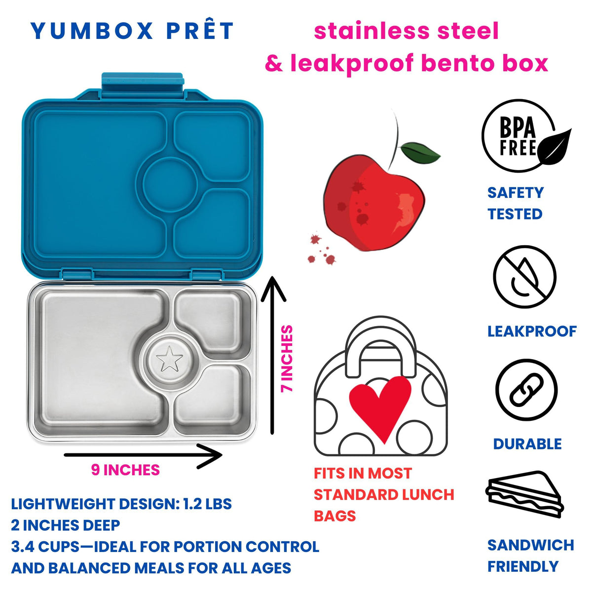Yumbox Pret stainless steel body offers durable, odor-resistant daily use.