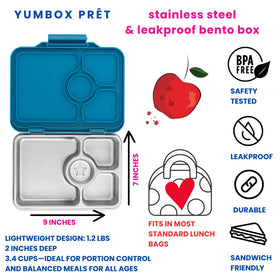 Yumbox Pret stainless steel body offers durable, odor-resistant daily use.