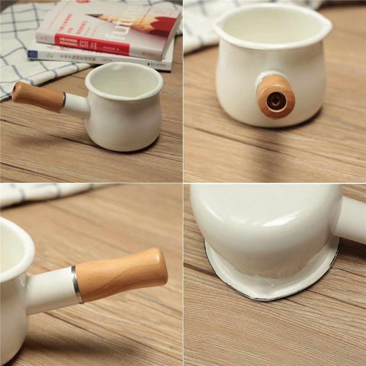 YumCute Home enamel milk pot milk white color close-up.