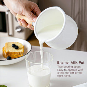 YumCute Home enamel milk pot spout close-up for tidy pouring.