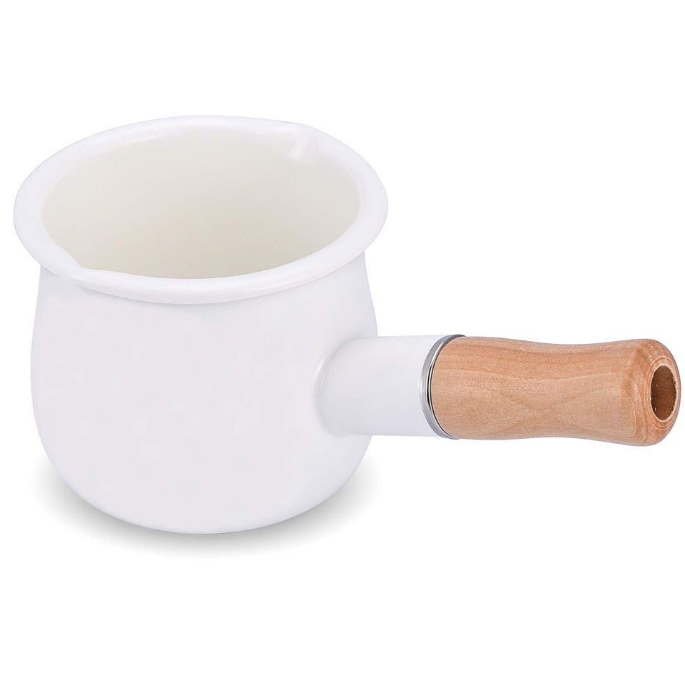 YumCute Home enamel milk pot with wooden handle, ideal for heating small portions.