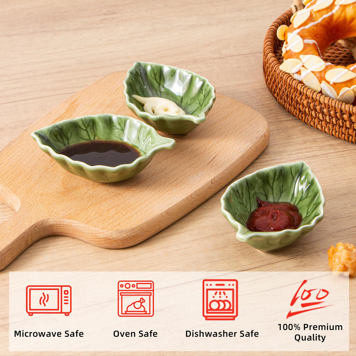 YumiPLUS leaf-shaped soy sauce dish ideal for sushi and condiments.