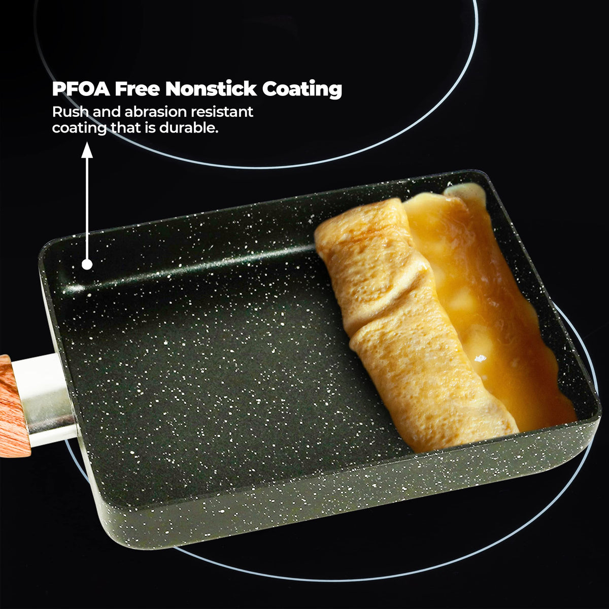 YumOmNom Tamagoyaki Pan induction-compatible design for versatile stove use.