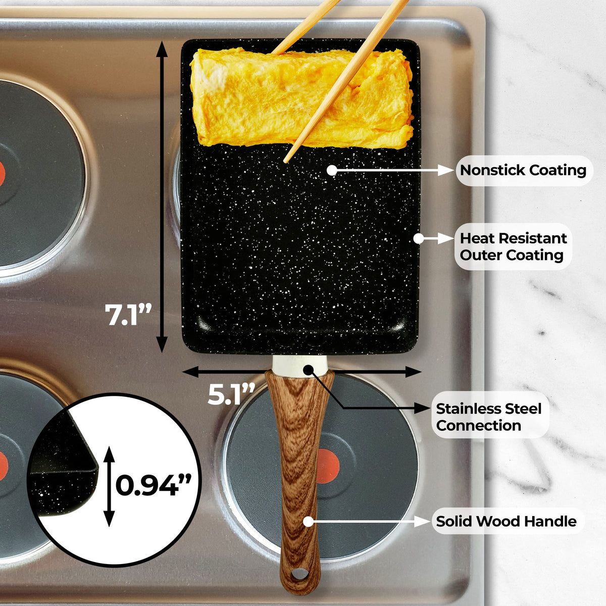 YumOmNom Tamagoyaki Pan nonstick coating closeup shows easy flipping and clean cooking.