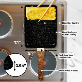 YumOmNom Tamagoyaki Pan nonstick coating closeup shows easy flipping and clean cooking.