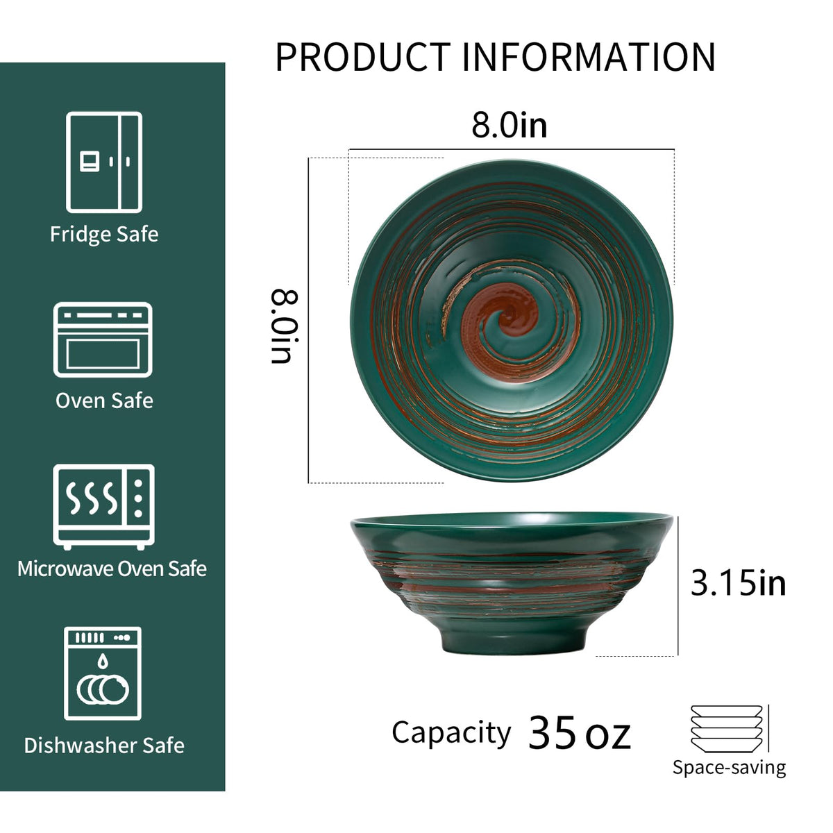 YUN TAO ramen bowls show 8-inch diameter ideal for ramen, udon, or salad portions.