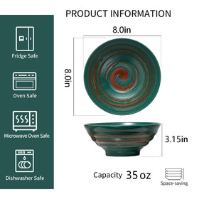 YUN TAO ramen bowls show 8-inch diameter ideal for ramen, udon, or salad portions.