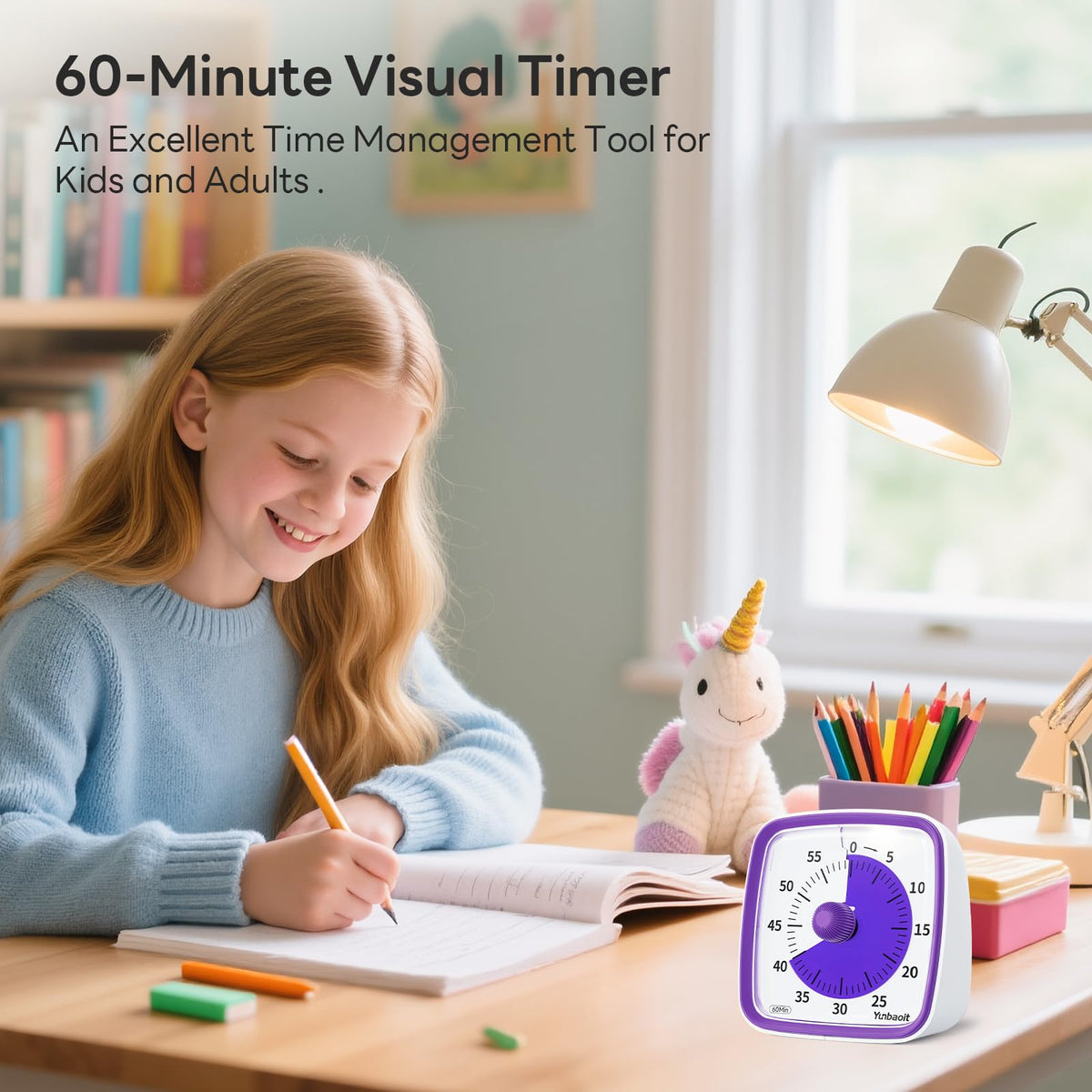 Yunbaoit visual timer showing 60-minute countdown for study sessions.