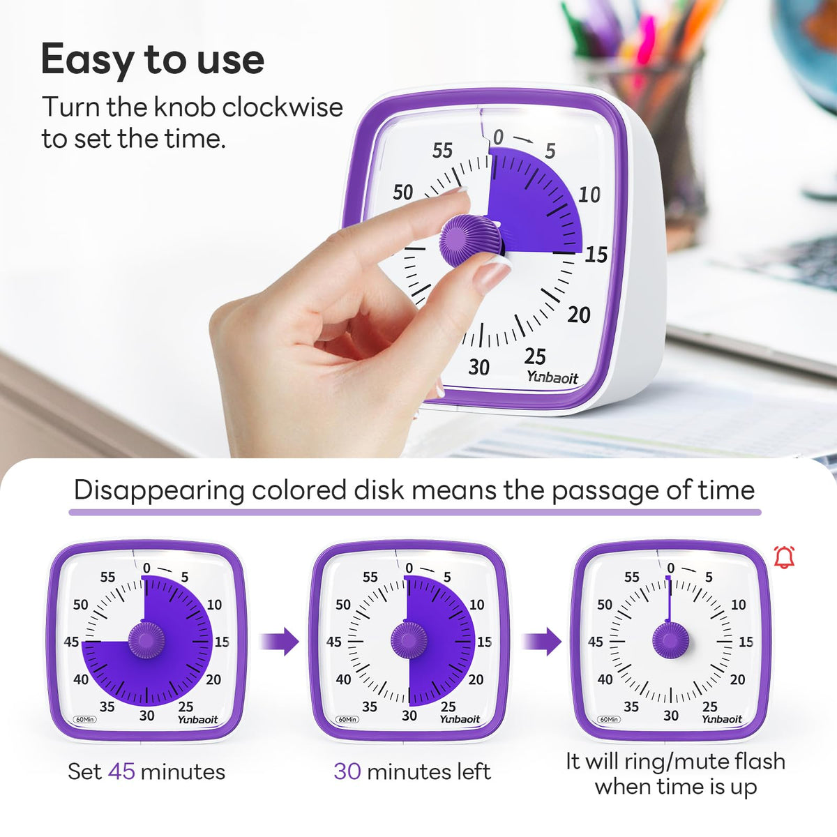 Yunbaoit timer operates silently to reduce distractions during work.