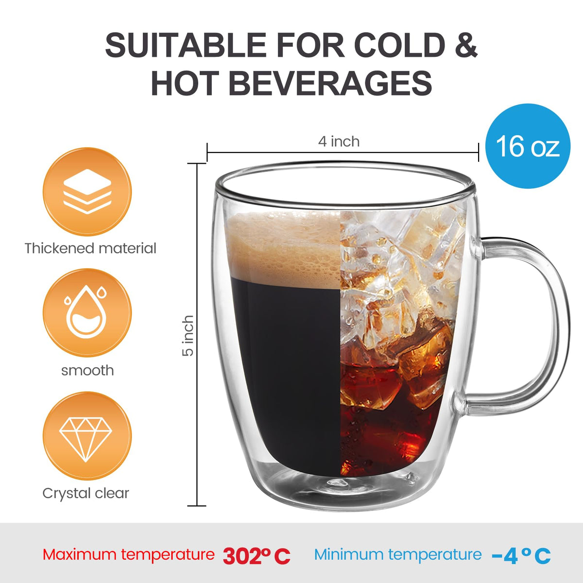 YUNCANG borosilicate glass mug highlights heat resistance and a cool exterior.